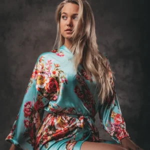 Kimono Dames Satijn - Wildflowers - Kort